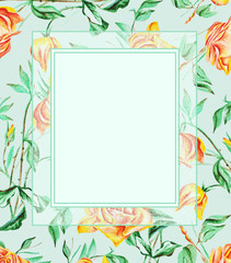 Fototapeta na wymiar Watercolor background of yellow roses with leaves. Illustrations set. Fashion watercolor drawing. Square ornamental frame. 