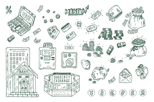 Financial and Business symbols. Money, Wealth Vector Set. Hand drawn Doodles illustration.