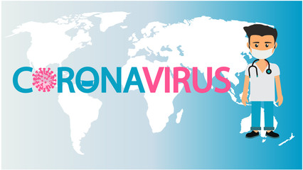Fototapeta na wymiar coronavirus writes on the world map . and a doctor