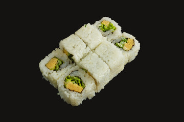 Japanese food: Set of salmon sushi and rolls with salmon and eel