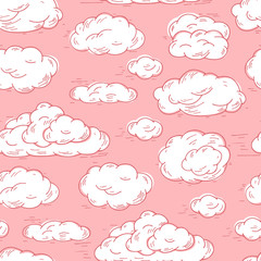 Sky. White clouds on pink background. Clouds Vector Seamless pattern. Hand Drawn Doodle Clouds.