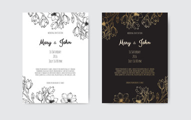 Luxury Wedding Save the Date, Invitation Navy Cards Collection with Gold Foil Flowers and Leaves and Wreath.