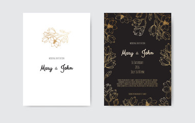 Naklejka na ściany i meble Luxury Wedding Save the Date, Invitation Navy Cards Collection with Gold Foil Flowers and Leaves and Wreath.