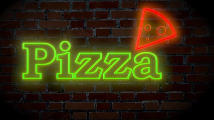 Illuminated green pizza neon text sign entrance with brick wall in background - Powered by Adobe