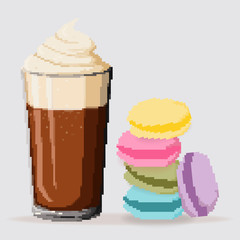Pixel art coffee and cookies, macaroons. Retro 8bit game. Vector illustration. 