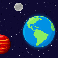 Earth in space. Vector of pixel Earth, Mars, Moon.  Retro game design interface. Pixel art background. 8 bit.