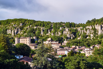 Stone buildings in the town of Vogue on the River Ardeche in France.