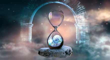 Hourglass hovering in space with ammonite inside clock that standing on ancient fossil against...