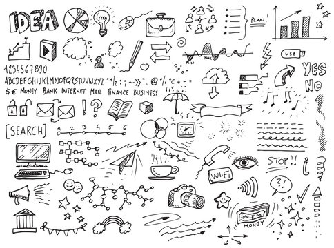Different vector hand drawn doodles over white background