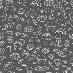 Bread products. Hand drawn Doodles Bakery - Vector black and white Seamless pattern