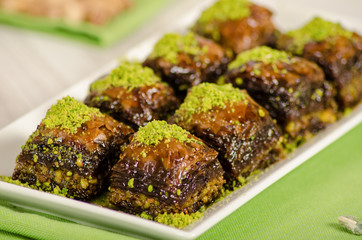 Traditional Dessert Turkish Baklava with chocolate stock photo
