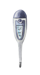 Watercolor electronic medical thermometer. Equipment for the diagnosis of patients. Element on a white background. Suitable for healthcare related products.