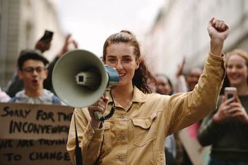 Urban woman protesting at a strike