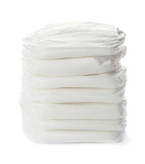 Stack of baby diapers isolated on white