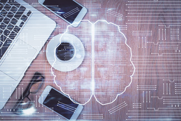 Multi exposure of brain drawing over work table desktop. Top view. Global data analysis concept.