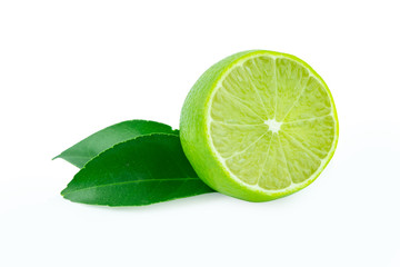 Lime with slices half and leaves isolated on white background. Green citrus fruit. with clipping path