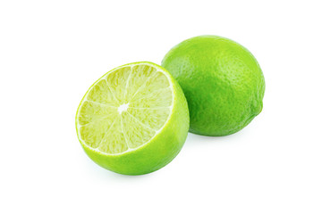 Lime with slices half isolated on white background. Green citrus fruit. with clipping path