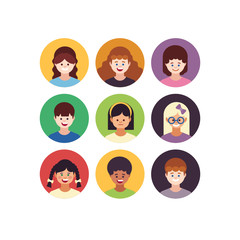 Kids faces. Child expression faces little boys and girls cartoon avatars vector collection. Girl and boy avatar, young teenager female and male illustration