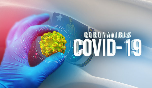 Coronavirus COVID-19 outbreak concept, background with flags of the states of USA. State of Massachusetts flag. Pandemic stop Novel Coronavirus outbreak covid-19 3D illustration.