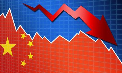 Fototapeta premium Arrow falls against the background of the flag of the China.