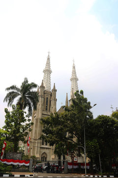 Jakarta Katredal Church is a place of worship for Christians, opposite the Istiqlal Mosque - view from Istiqlal Mosque