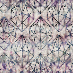 Seamless mixed media collage design in old aged worn look. Diamond gem geo design overlaid, mottled, and distressed on fabric texture. Seamless repeat raster jpg pattern swatch.