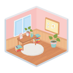 sweet home plant books frame on table board and window isometric style