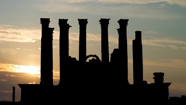 Temple of Artemis, Time Lapse at Sunrise at Historical Roman site of Gerasa, Jerash,Jerash. UNESCO world Heritage site
