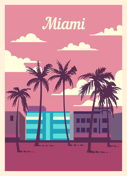 Retro poster Miami city skyline. Miami vintage