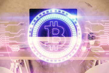 Obraz premium Double exposure of crypto technology theme drawing and office interior background. Concept of blockchain.