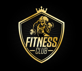 Frau Fitness Muskeln Club Fitnessstudio Fitnesscenter Logo Gold Wappen