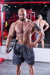 Fototapeta na wymiar Powerful muscular man doing triceps exercise on the machine at the gym