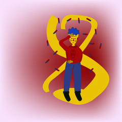 illustration with an unusual strange boy with yellow skin who is coughing