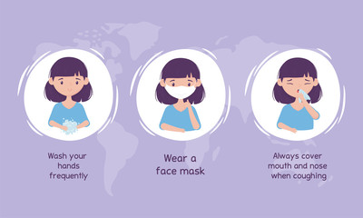 virus covid 19 prevention washing hands, wear mask, cover mouth and nose