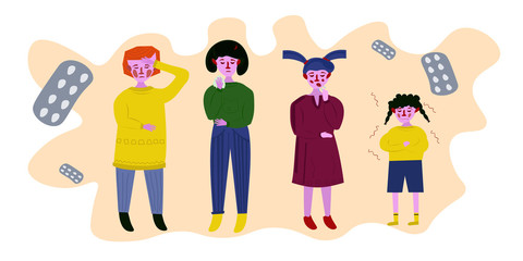 young sick girls set suffering from various symptoms of the disease fever, sore throat, fatigue, cough, runny nose. Flat isolated illustration on white background. Disease symptoms concept