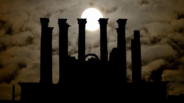 Temple of Artemis by Night, Time Lapse with Full Moon and Dark Silhouette of Ruins and Columns, Jerash, Jordan