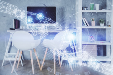 Multi exposure of data theme drawing and office interior background. Concept of technology.