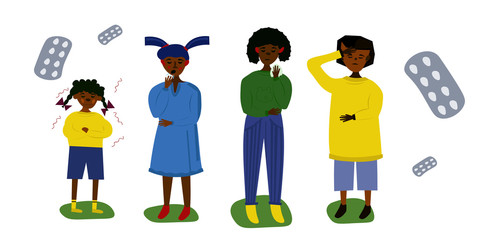 young african girls set suffering from different disease symptoms fever, sore throat headache, fatigue, cough rhinitis. Flat isolated illustration on a white background. Illness symptoms concept