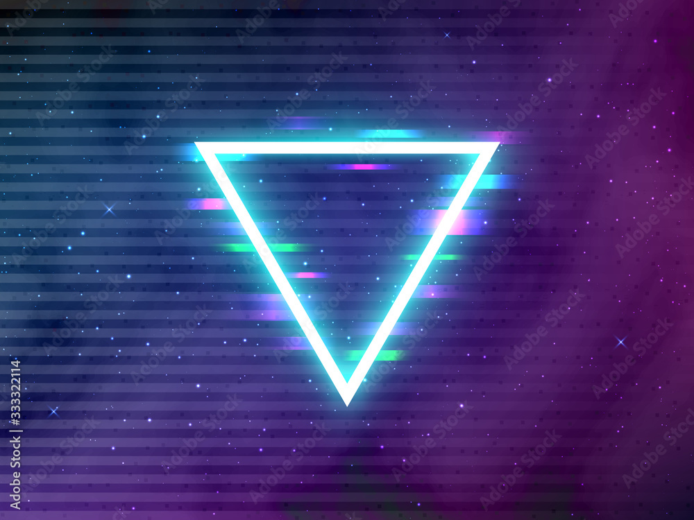 Wall mural glitch retro triangle. glowing neon shape on cosmic backdrop. cyberpunk template with digital glitch