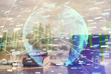 Double exposure of business theme drawings and desk with open notebook background. Concept of international market