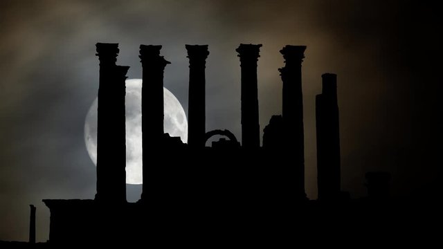 Ancient Temple of Artemis in Jerash, Time Lapse by Night with Full Moon, Gerasa, Jordan