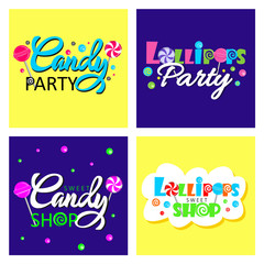 Sweet Candy Shop Logo design vector template set. Lollipops Bon-bon store Logotype Concept icon. Bright colors Handwritten lettering vector illustration.