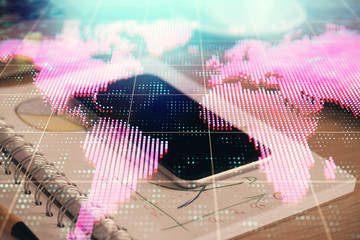Double exposure of financial theme drawing and cell phone background. Concept of business