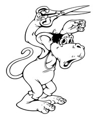 Funny cartoon monkey with scissors in hands trying to update a hairstyle