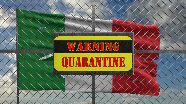 3d Illustration of iron gate with message "warning quarantine". Ragged italian flag is waving in the wind.