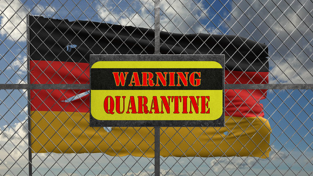 3d Illustration of iron gate with message "warning quarantine". Ragged german flag is waving in the wind.