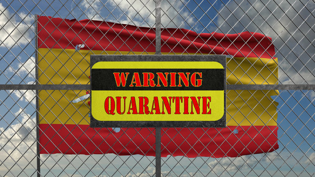 3d Illustration of iron gate with message "warning quarantine". Ragged spanish flag is waving in the wind.