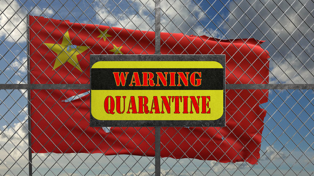 3d Illustration of iron gate with message "warning quarantine". Ragged Chinese flag is waving in the wind.