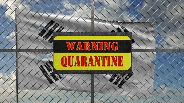 3d Illustration of iron gate with message "warning quarantine". Ragged South Korean flag is waving in the wind.