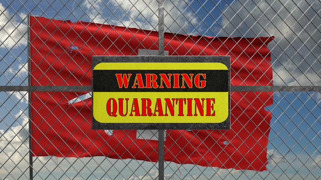 3d Illustration of iron gate with message "warning quarantine". Ragged Swiss flag is waving in the wind.